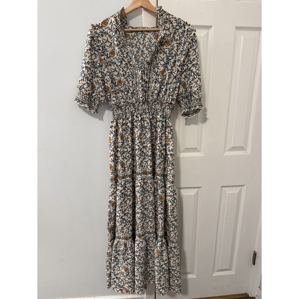 Max Studio Ruffle Collar Tiered Maxi Dress Sz S/M Floral Cottage Prairie Boho